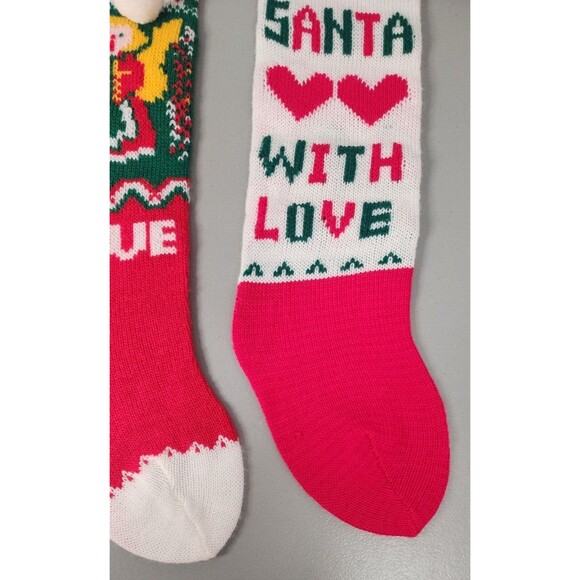 VTG Christmas Knit Stockings Lot Of 3 21" Pom Poms Toys Angel Love Santa Red - Picture 7 of 8